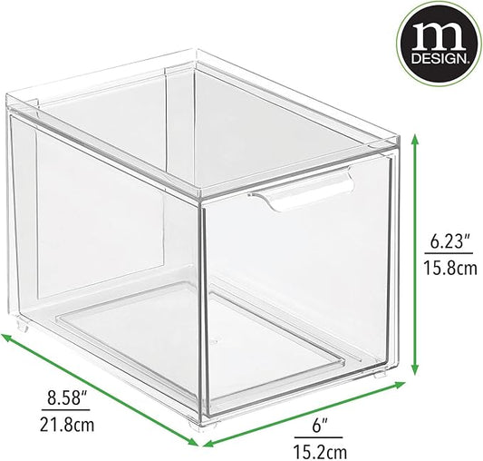 mDesign Plastic Closet Organizer Bin w/Pull Out Drawer - Slim Stackable Storage for Closet - Organization for Accessories, Bags, Totes, Small Linens, and More - Lumiere Collection - Clear