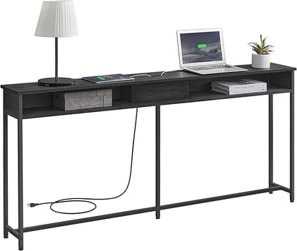 VASAGLE 70.9-Inch Console Table with Outlet and Shelves, Sofa Table with Charging Station, Behind Couch Table Skinny, Entryway Table for Hallway, Living Room, Charcoal Gray and Ink Black ULNT118B22