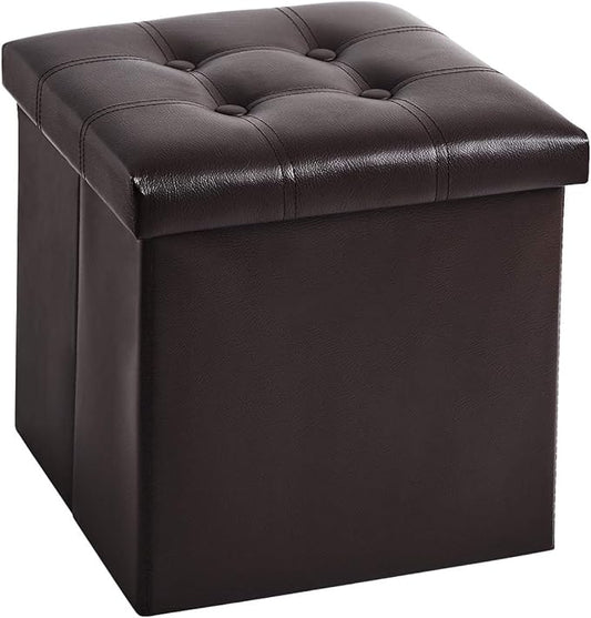 YOUDENOVA 15 inches Folding Storage Ottoman, Cube Storage Boxes Footrest, Small Ottomans with Foam Padded Seat, Support 300lbs (Brown, Leather)