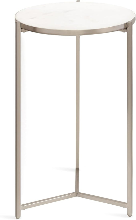 Kate and Laurel Aguilar Modern Round Side Table, 15 x 15 x 24, White and Silver, Genuine Marble Nightstand for Small Spaces and Living Room Décor
