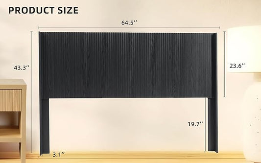 KEIKI Wooden Queen Size Headboard Only, 64.5" Wide Farmhouse Headboards with Wall Mounted Fluted Panel & Wingback for Bedroom, Black Oak