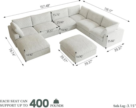 Cloud Modular Sectional Sofa Couch, 8 Seater Oversized Couch, 157.4" U-Shaped Convertible Couches with 2 Ottomans, Deep Sofa Couches for Living Room, Washable & Replaceable Covers, Beige