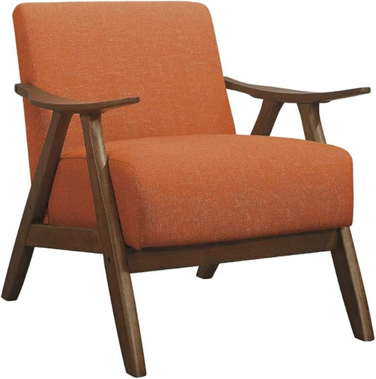 Lexicon Mid Century Modern Accent Chair with Solid Wood Frame in Walnut Finish, Upholstered Living Room Lounge Arm Chair, Thick and Comfy Innerspring Seat Cushion, Linen-Look Fabric, Orange