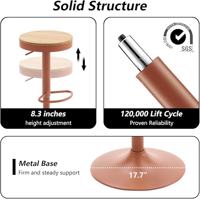 Kidol & Shellder Bar Stools Set of 6 Round Adjustable Swivel Barstools Modern Backless Bar Chairs Wooden Seat Counter Height Stools Armless for Kitchen Island, Cafe, Dining Room Terracotta