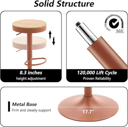 Kidol & Shellder Bar Stools Set of 2 Round Adjustable Swivel Barstools Modern Backless Bar Chairs Wooden Seat Counter Height Stools Armless for Kitchen Island, Cafe, Dining Room Terracotta