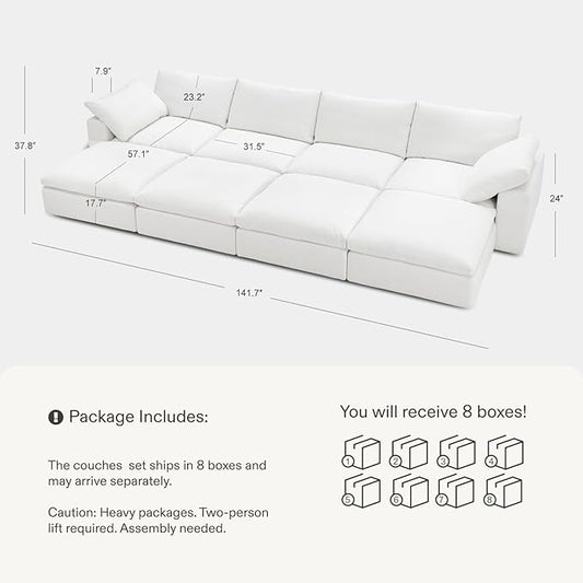 Modular Sectional Sofa, 141.7" U Shaped Modern Sofa Modular Sectional Cloud Couch with Ottoman, Modern Cloud Sectional Couches for Living Room, Deep Seat Sofa with Washable Cover