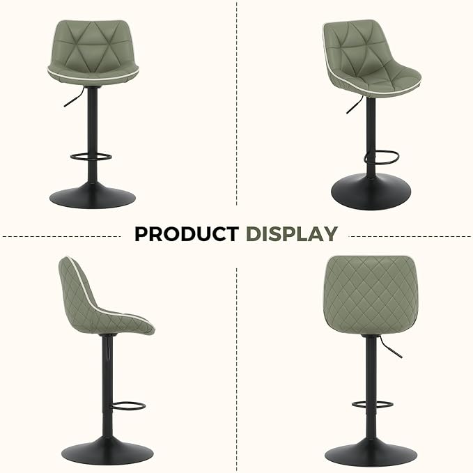 Nalupatio Bar Stools Set of 2, Adjustable Swivel Counter Height Bar Stools with Back, Armless Modern Barstools for Kitchen Island & Home Bar, Upholstered Seat,（Green）