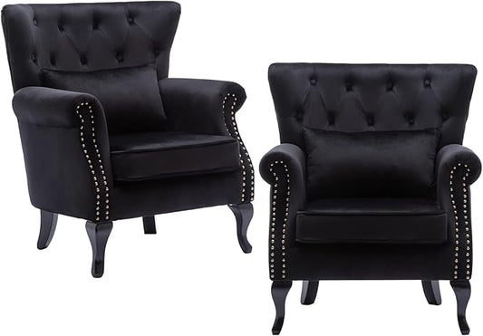 chairus Mid-Century Modern Accent Chairs Set of 2, Comfy Tufted Single Sofa Chair Wingback Armchair with Pillow for Club, Living Room, Bedroom - Velvet, Black