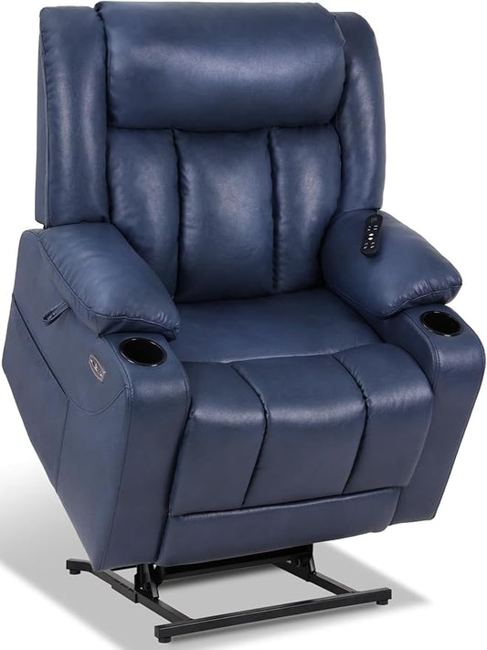 EONIX Dual Motor Oversized Power Lift Recliner Chair for Elderly, 400lbs Heavy Duty Faux Leather Recliner with Massage and Heat, Big and Tall Lay Flat Lift Chair with Cup Holders, SLRY006, Navy Blue