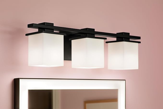 KICHLER Tully 24" 3-Light Vanity Light with Satin Etched Cased Opal Glass in Black for Over a Vanity, Soft Modern Style, (24" x 6.5" x 7"), 45151BK