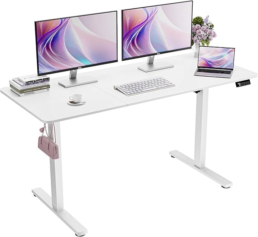 ERGOMAKER Electric Standing Desk, 55" x 23.6" Height Adjustable Sit Stand Desk with Splice Board for Home Office, Computer Table Memory Preset (White Frame, White Desktop)