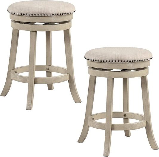 COSTWAY 360° Swivel Bar Stools Set of 2, 26.5-inch Height Upholstered Round Barstools with Wooden Frame, Seat and Footrest, Backless Solid Wood Counter Stools for Kitchen Island Bistro Pub, Beige