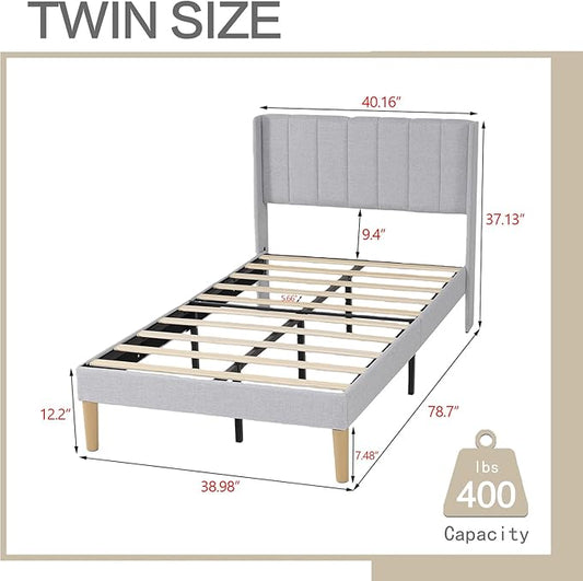AGARTT Upholstered Platform Bed Frame Twin Size with Headboard and Footboard/Wooden Slats Support/No Box Spring Needed/Easy Assembly,Light Grey Linen