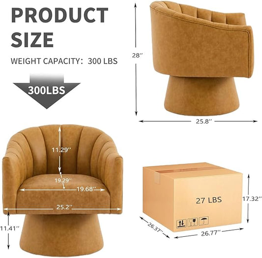 Swivel Accent Chair Set of 2,Faux Leather 360°Swivel Barrel Chair Upholstered Modern Living Room Chair, Overstuffed Reading Armchair for Bedroom,Vanity,Office-Mustard