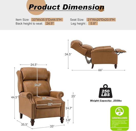 HULALA HOME Genuine Leather Recliner Chair, Traditional Manual Pushback Comfy Seating for Living Room, Thick Cushion & Solid Wood Legs, Wingback Recliner with Nailhead Trim, Camel