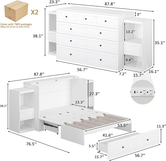 Full Size Murphy Bed with Bedside Tables,Full Size Foldable Cabinet Bed Frame with Charging Station & Drawer,Murphy Bed Chest with Adjustable LED Light for Bedroom,Guest Room,White