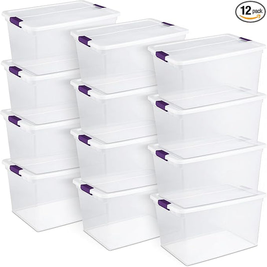 Sterilite 12-Pack ClearView Latch Box, Stackable Storage Organizer Bins for Home, 66 Quart