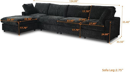 Cloud Couch Modular Sectional Sofa,134" L Shaped Couch, Oversized Convertible Wide Seater,4 Seater with Ottoman for Living Room Set, Covers Washable&Replaceable,Black