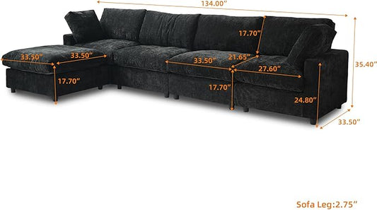 Cloud Couch Modular Sectional Sofa,134" L Shaped Couch, Oversized Convertible Wide Seater,4 Seater with Ottoman for Living Room Set, Covers Washable&Replaceable,Black