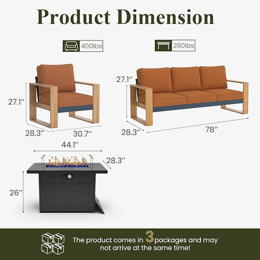 LayinSun 4 Pieces Aluminum Patio Furniture Set with Fire Pit Table, Oversized Seat with Hight Back, Outdoor Conversation Sets for Porch, Balcony, Deck