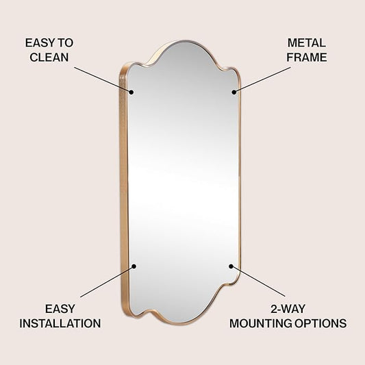 JONATHAN Y MIR205C Louisa 24 in. W x 36 in. H Medium Scalloped Rectangular Metal Framed Wall Mirror, for Bathroom, Living Room, Bedroom, Gold