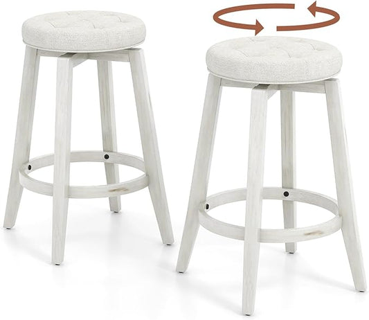 COSTWAY 360° Swivel Bar Stools Set of 2, 30-inch Height Vintage Upholstered Rubberwood Backless Bar Chairs with Footrest, Retro Kitchen Counter Stools for Kitchen Island Dining Room Home Bar, White