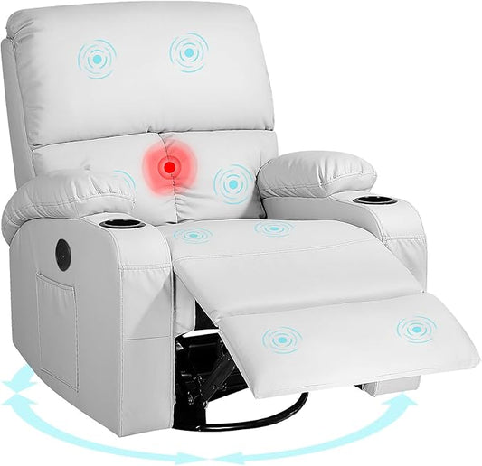 LEVELEVE Rocking Recliner Chair, Massage Rocker Recliner Chair with Vibration Massage and Heat, USB and Type-C Ports,360° Swivel Faux Leather Chairs, Living Room, Bedroom, Nursery, RV, Light Grey