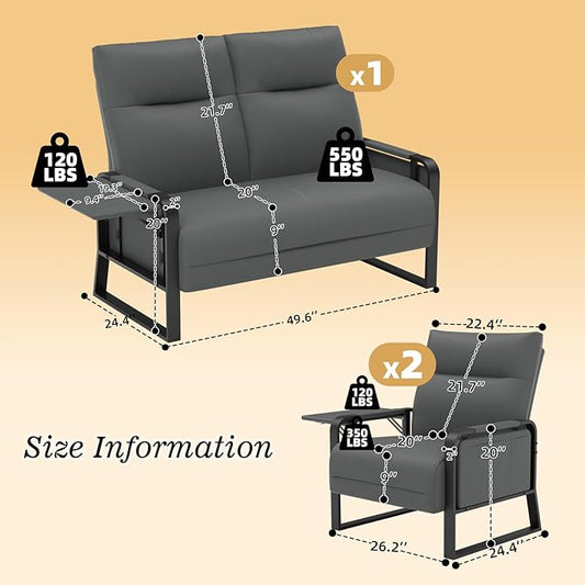 Faux Leather Sectional Couches for Living Room 3 Piece Loveseat and Chair Set with Flip Up Tray Tables Side Pockets Modern Modular Sectional Sofa for Office (2-Seat+1-Seat+1-Seat, Gray)