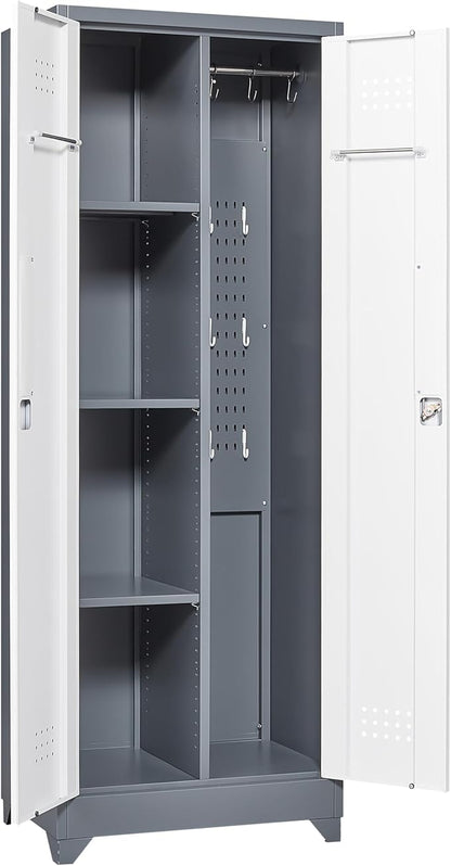 FLEXIMOUNTS 65'' Tall Metal Storage Cabinet with Locking Door, Large Cleaning Tool Organizer for Brooms, Garage, Laundry Room, Bathroom, Grey-White