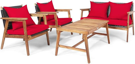 COSTWAY 4 Pieces Acacia Wood Patio Conversation Set, Outdoor Wicker Sofa with Coffee Table & Cushions, Patio Rattan Furniture Set for Yard, Porch, Poolside, Balcony, Backyard, Red