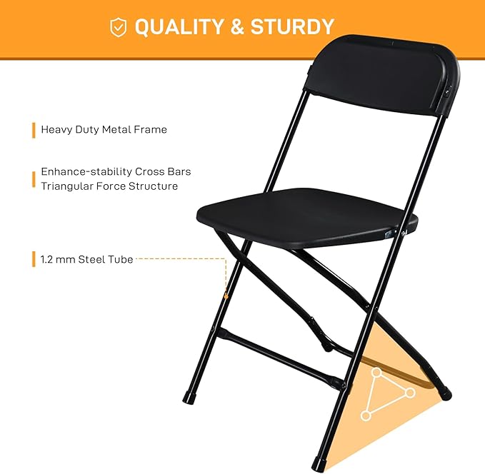 6 Pack Black Plastic Folding Chairs, Portable Party Chairs, Stackable Commercial Seats with Steel Frame for Home Office Wedding Party Indoor Outdoor Events Chairs, 350lbs Capacity