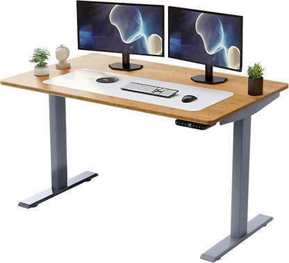 Rise Up Electric Standing Desk Adjustable Height 27-47" Dual Motor One Piece 60x30 Bamboo Large Standing Desk, Sit Stand Desk Rising Desk Home Office