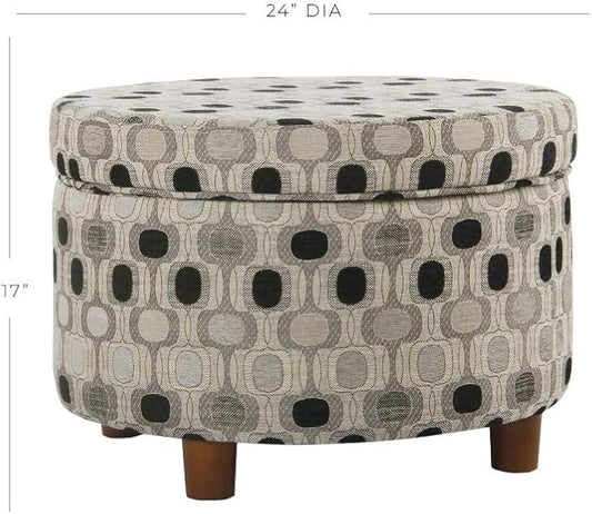 Homepop Home Decor | Upholstered Round Storage Ottoman | Ottoman with Storage for Living Room & Bedroom (Black Geo) Large