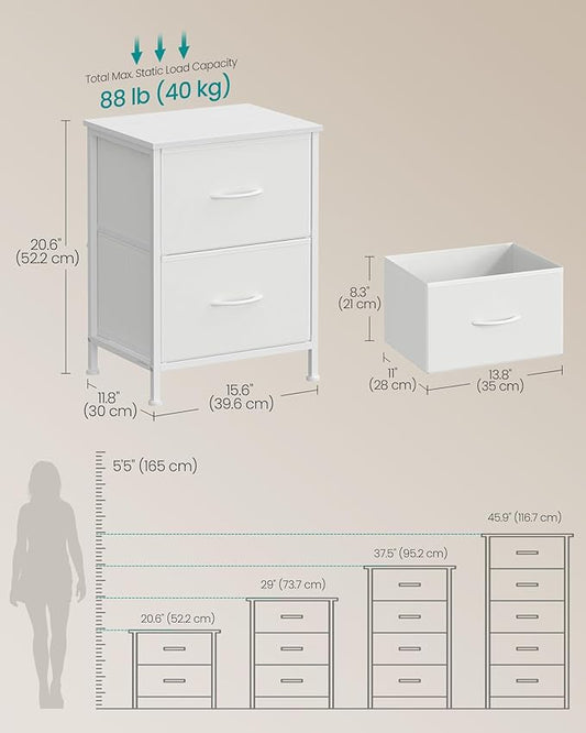 SONGMICS BELLAH Collection - Dressers for Bedroom, Chest of Drawers, Nightstands, 2 Drawers, Storage Organizer Unit, Closet, Entryway, Set of 2, Modern, Cloud White and Snow White ULGS112WH03S