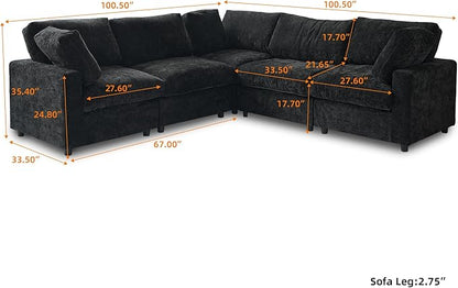 WJShome V Shaped Sectional Couch 100 Inch 5-Seater Modern Modular Sofa,Chenille Deep Seat Couches for Living Room, Bedroom and Apartment，Black