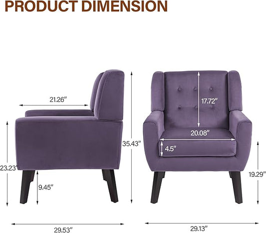 Lumibee Accent Chairs Set of 2, Velevet Fabric Armchairs for Living Room, Comfy Upholstered Arm Chairs Tufted for Indoor Bedroom Office Room (Purple Velvet)