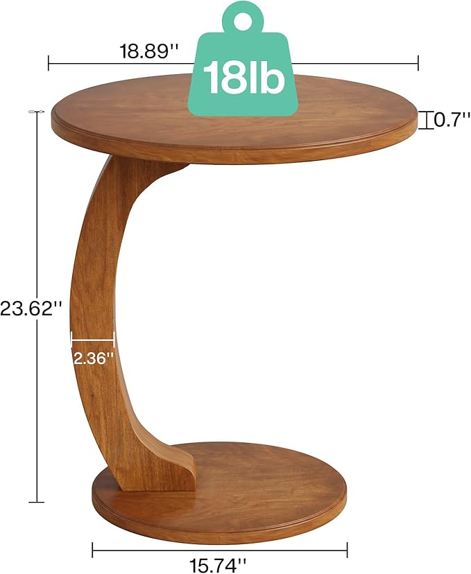 Tribesigns C-Shaped End Table Set of 2, Wooden Round Side Sofa Table, Couch Side Table, Mid-Century Modern End Table, Small Side Table, Boho Side Tray Table for Living Room, Brown