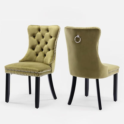 Velvet Upholstered Dining Chairs Set of 2, Modern Style Kitchen Side Chairs with Nailhead Trim and Wood Legs,Metal Pulling Ring for Dining Room Living Room(Olive Green,Set of 2)