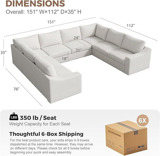 ABCASA U Shaped Sectional Sofa with Detachable Cover, Modular Couch for Living Room, Breathable Linen Fabric Corner Couch with 11 Seats, Ivory