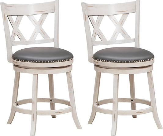 COSTWAY Bar Stool Set of 2 for Kitchen Island, 25.5” Swivel Armless Counter Height Stools with 20'' Wider Padded Seat, Ergonomic Curved Backrest, Rubber Wood Frame (2, Antique White + Gray)