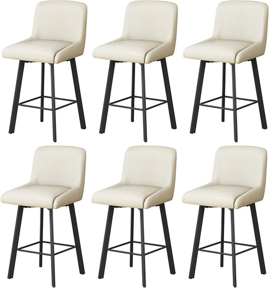 Swivel Bar Stools, 26''H Upholstered Barstools with Backs, Modern Counter Height Bar Stool Chairs for Kitchen Island, Metal Legs (Beige- Faux Leather, Set of 6-26" H)