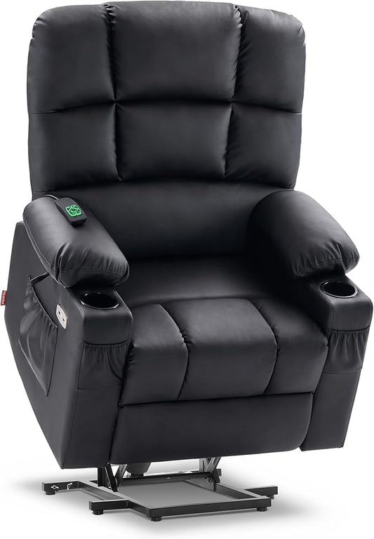 MCombo Medium Lay Flat Dual Motor Power Lift Recliner Chair Sofa with Massage and Heat for Elderly People, Infinite Position, Faux Leather 7679 (Black, Medium)
