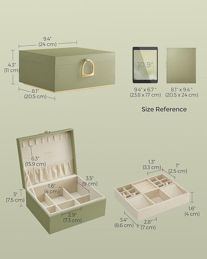 SONGMICS 2-Layer Jewelry Box, Jewelry Organizer with Handle, Removable Jewelry Tray, Jewelry Storage, Floating Effect, 8.1 x 9.4 x 4.3 Inches, Christmas Gift, Laurel Green UJBC165C02