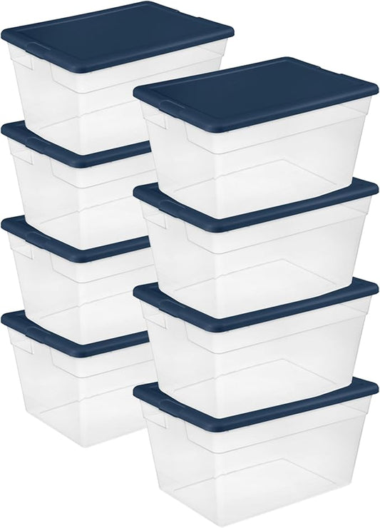 Sterilite 8-Pack Storage Box, Plastic Container Bins with Lids, 56 Quart, Marine Blue - Heavy-Duty Organizing Containers for Closet, Bathroom, and Office