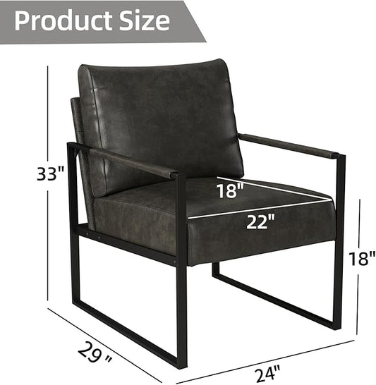 INZOY Leather Accent Chair with Metal Frame, Comfy Living Room Chair with Plump Backrest and Cushion, Mid Century Modern Chair with Sturdy Structure, Easy to Clean, Dark Grey