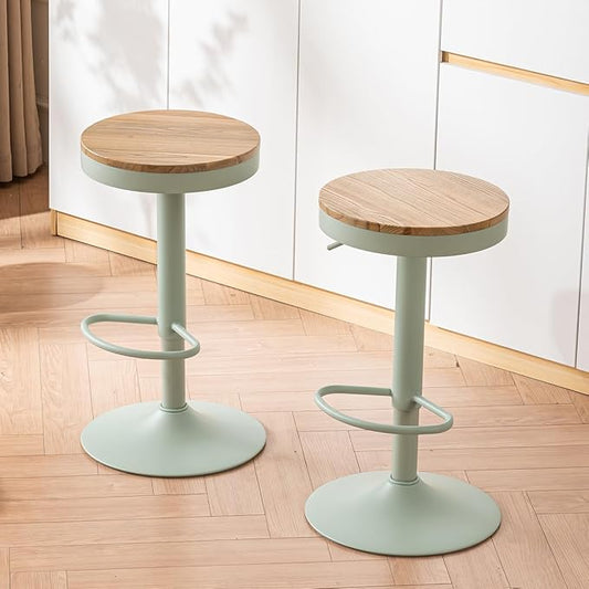 Kidol & Shellder Bar Stools Set of 6 Round Adjustable Swivel Barstools Modern Backless Bar Chairs Wooden Seat Counter Height Stools Armless for Kitchen Island, Cafe, Dining Room (Mint Green)