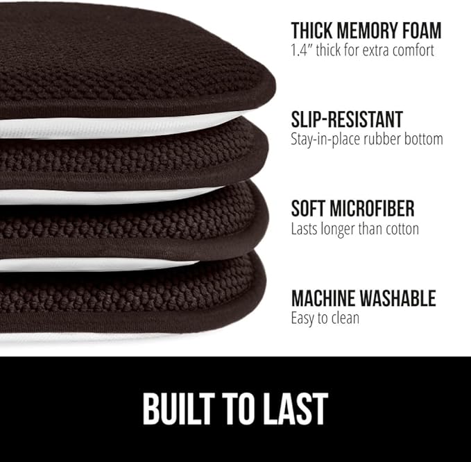 GORILLA GRIP Chair Cushions, Set of 8, 16x16, Memory Foam Pads for Dining Room, Kitchen Table, Office Desk, Rocking Chairs, Stay in Place Backing, Comfortable Microfiber Seat Cover Pad Cushion, Brown