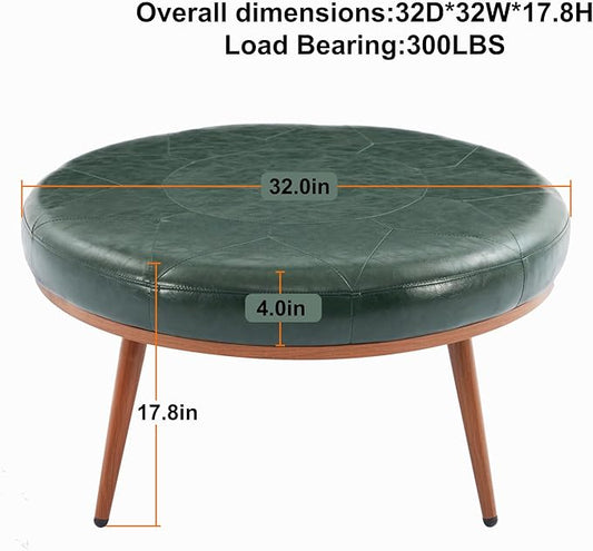 Round Ottoman, Large Faux Leather Footstool and Coffee Table, Cushioned Backless Chair for Living Room & Bedroom, Padded Seat Footrest, (Green)
