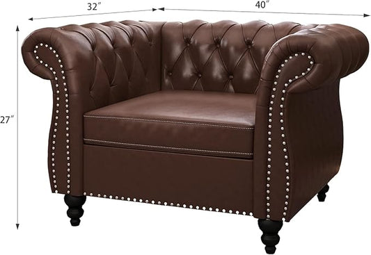 Living Room Chair, Modern Leather Chesterfield Sofa Chair, Mid Century Single Sofa Couch Chair with Tufted Back and Rolled Arms, Accent Sofa Chair for Living Room Apartment, Brown