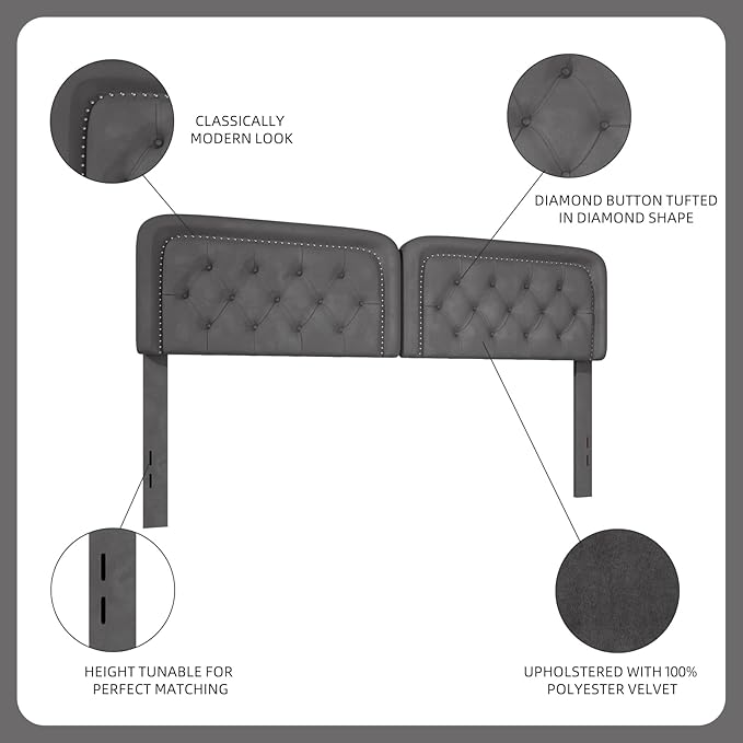 Tufted Upholstered Headboard Queen Size, Button Adjustable Height Queen Head Board Only, Sturdy and Durable Solid Wood with Nailhead Trim Headboards, Ideal for Bedroom, Dorm, Guest Room,Gray